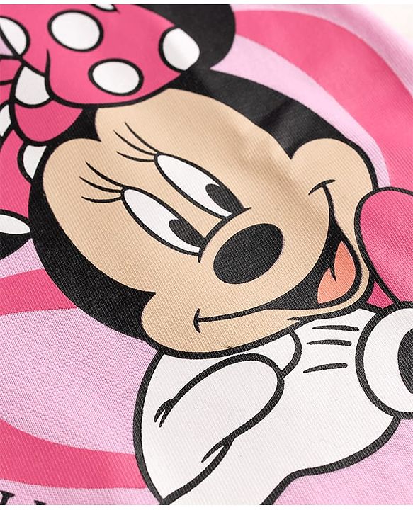 Babyhug Disney Single Jersey Knit Half Sleeve T-Shirt & Shorts Set With Minnie Mouse Graphic & Bow Sequin Applique - Pink