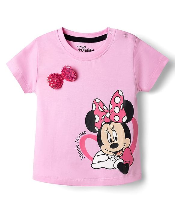 Babyhug Disney Single Jersey Knit Half Sleeve T-Shirt & Shorts Set With Minnie Mouse Graphic & Bow Sequin Applique - Pink