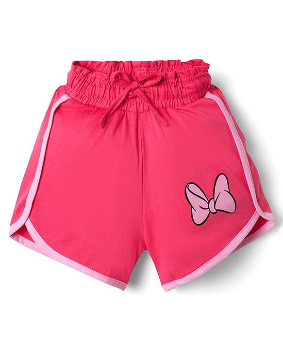 Babyhug Disney Single Jersey Knit Half Sleeve T-Shirt & Shorts Set With Minnie Mouse Graphic & Bow Sequin Applique - Pink