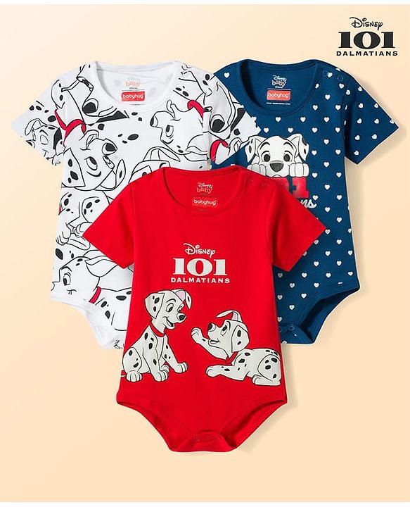 Babyhug Disney Interlock Knit Half Sleeves Onesies With 101 Dalmatian Graphic Pack of 3 - Multicolor