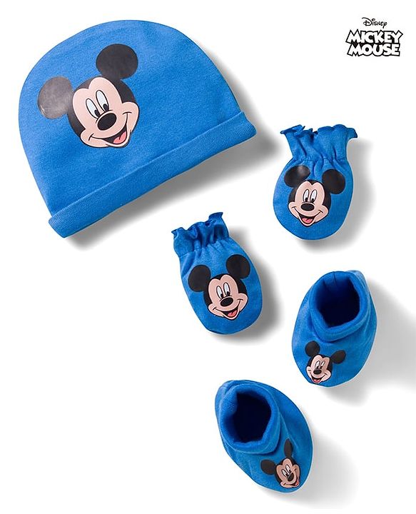 Babyhug Disney Interlock Knit Cap Mittens & Booties with Mickey Mouse Graphics Blue - Diameter 15 cm