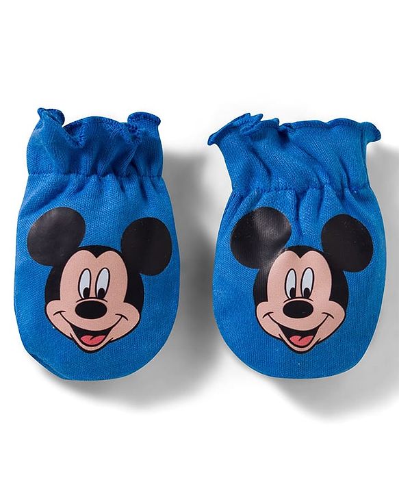 Babyhug Disney Interlock Knit Cap Mittens & Booties with Mickey Mouse Graphics Blue - Diameter 15 cm