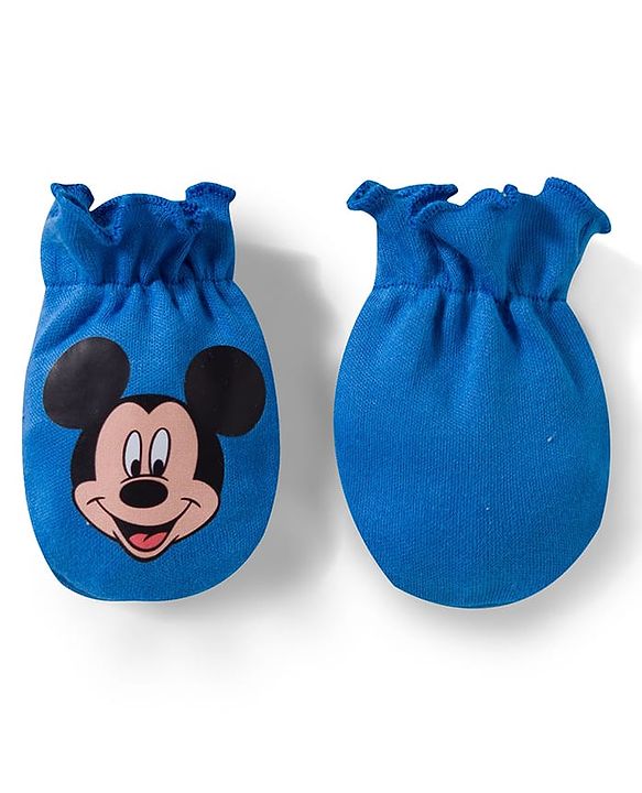 Babyhug Disney Interlock Knit Cap Mittens & Booties with Mickey Mouse Graphics Blue - Diameter 15 cm