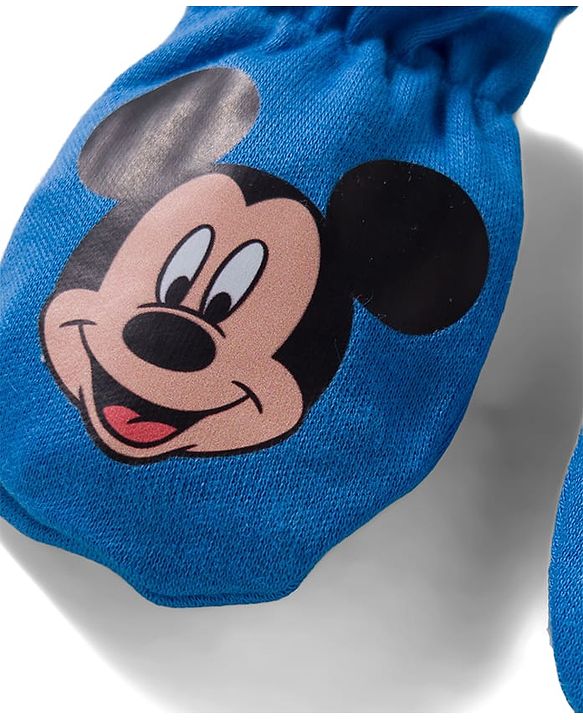 Babyhug Disney Interlock Knit Cap Mittens & Booties with Mickey Mouse Graphics Blue - Diameter 15 cm