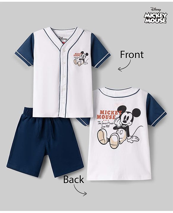 Babyhug Disney 100% Cotton Knit Half Sleeves Front Open T-Shirt & Shorts Set With Mickey Mouse Graphic - Navy Blue