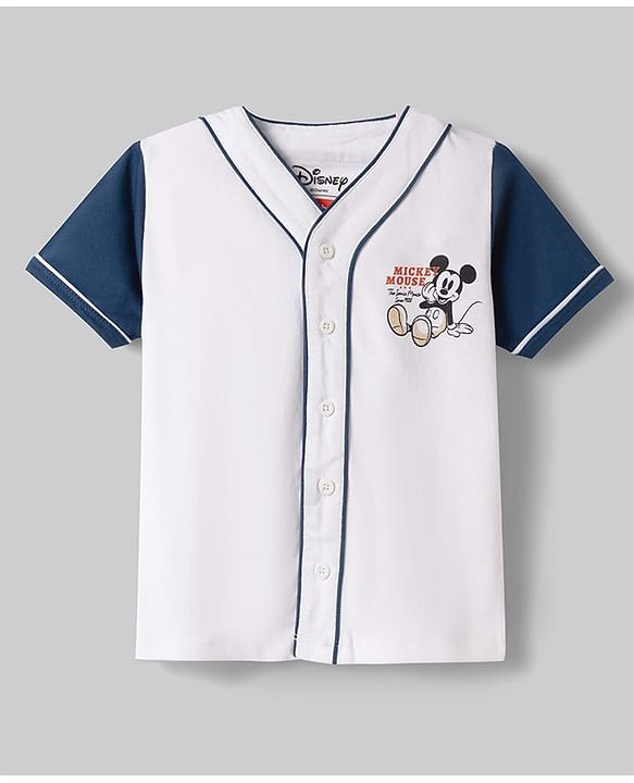 Babyhug Disney 100% Cotton Knit Half Sleeves Front Open T-Shirt & Shorts Set With Mickey Mouse Graphic - Navy Blue