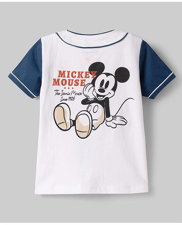 Babyhug Disney 100% Cotton Knit Half Sleeves Front Open T-Shirt & Shorts Set With Mickey Mouse Graphic - Navy Blue