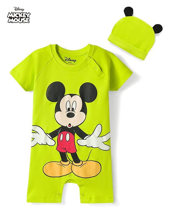 Babyhug Disney Raglan Half Sleeves Romper & Cap With Mickey Mouse Graphics - Green