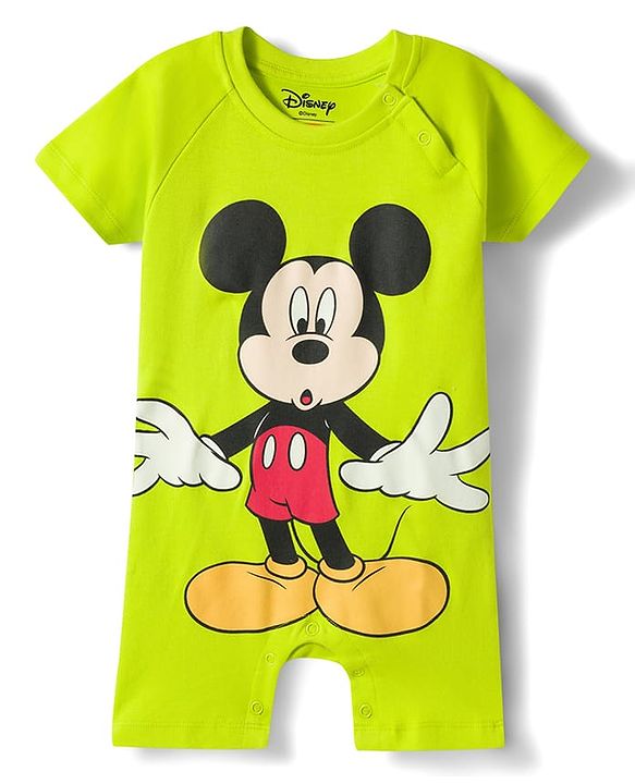 Babyhug Disney Raglan Half Sleeves Romper & Cap With Mickey Mouse Graphics - Green