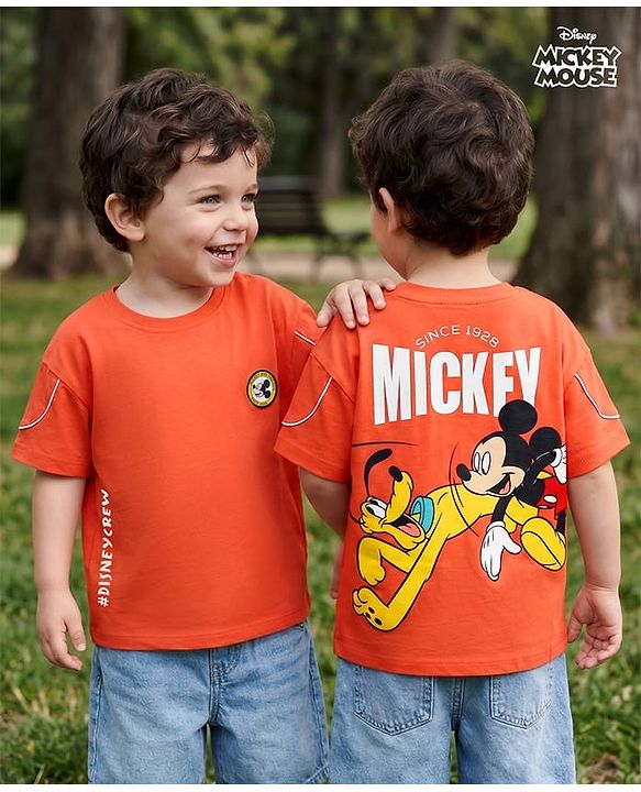 Babyhug Disney Single Jersey Knit Half Sleeves T-Shirts with Front & Back Mickey Mouse & Friends Graphics - Red