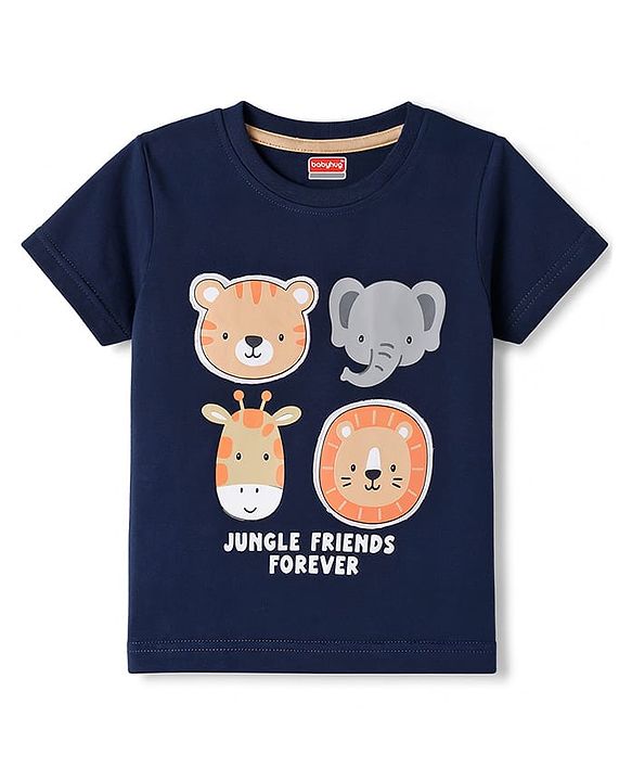 Babyhug 100% Cotton Knit Half Sleeves T-Shirt with Animal Face Applique - Navy