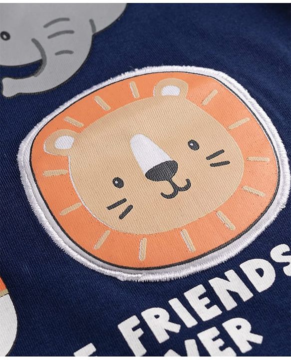 Babyhug 100% Cotton Knit Half Sleeves T-Shirt with Animal Face Applique - Navy