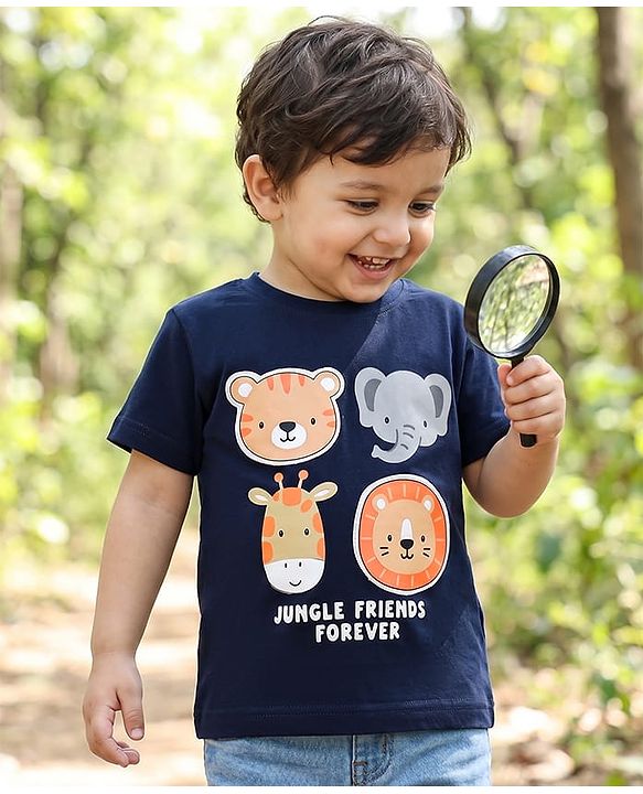 Babyhug 100% Cotton Knit Half Sleeves T-Shirt with Animal Face Applique - Navy