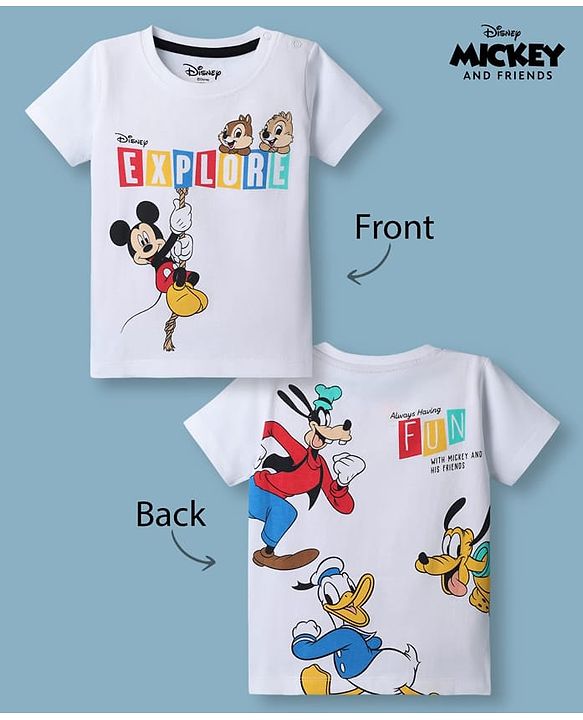 Babyhug Disney 100% Cotton Knit Half Sleeves T-Shirt With Front & Back Mickey Mouse & Friends Graphic - White