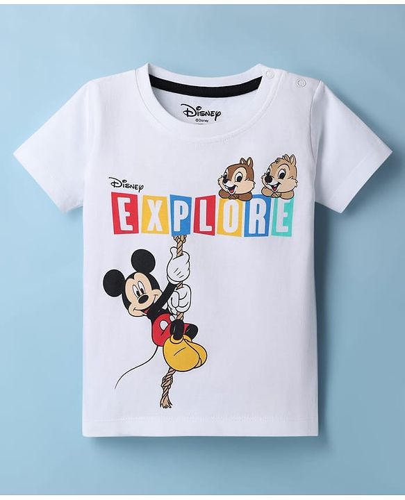 Babyhug Disney 100% Cotton Knit Half Sleeves T-Shirt With Front & Back Mickey Mouse & Friends Graphic - White