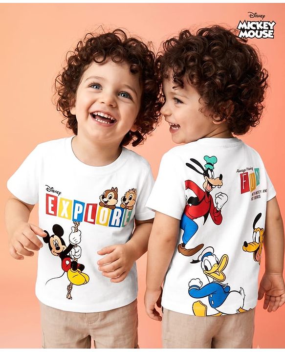 Babyhug Disney 100% Cotton Knit Half Sleeves T-Shirt With Front & Back Mickey Mouse & Friends Graphic - White