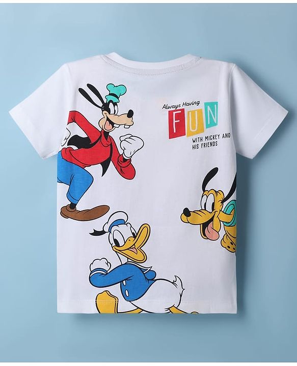 Babyhug Disney 100% Cotton Knit Half Sleeves T-Shirt With Front & Back Mickey Mouse & Friends Graphic - White