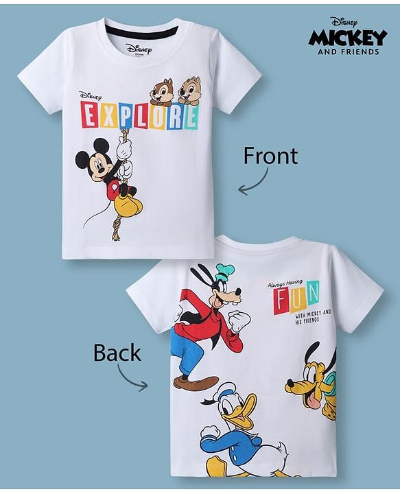 Babyhug Disney 100% Cotton Knit Half Sleeves T-Shirt With Front & Back Mickey Mouse & Friends Graphic - White