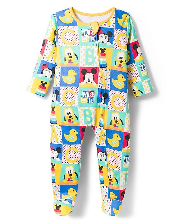 Babyhug Disney Interlock Knit Full Sleevs Footed Sleep Suit Mickey & Friends Print- Blue