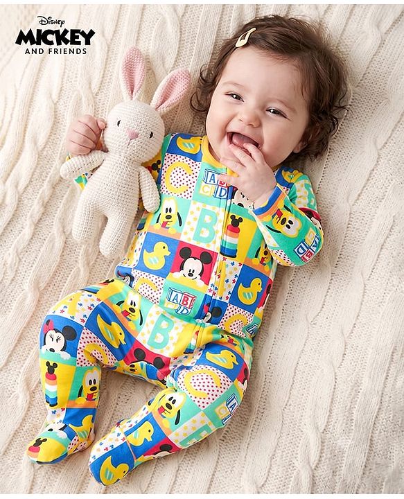Babyhug Disney Interlock Knit Full Sleevs Footed Sleep Suit Mickey & Friends Print- Blue
