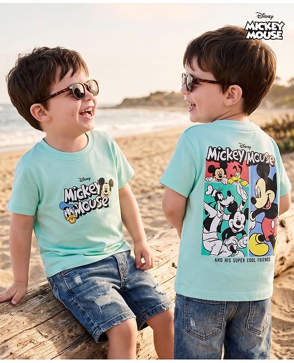 Babyhug Disney Cotton Knit Half Sleeves T-Shirt with Front & Back Mickey & Friends Print - Sea Green
