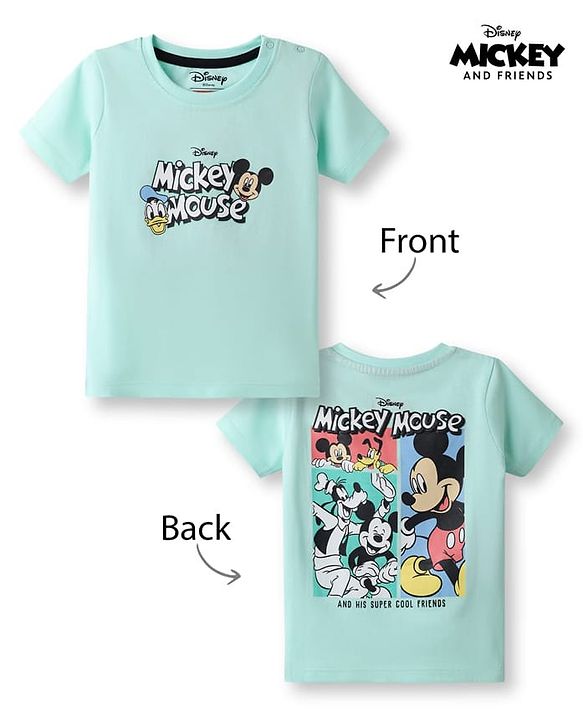 Babyhug Disney Cotton Knit Half Sleeves T-Shirt with Front & Back Mickey & Friends Print - Sea Green
