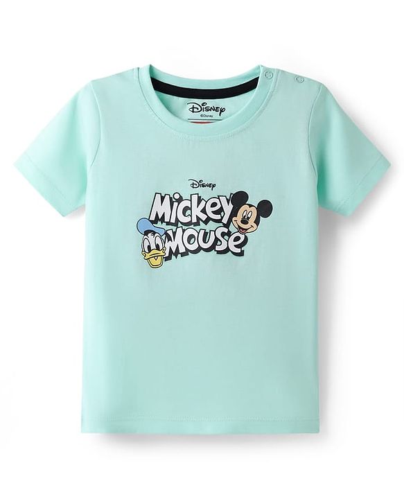 Babyhug Disney Cotton Knit Half Sleeves T-Shirt with Front & Back Mickey & Friends Print - Sea Green