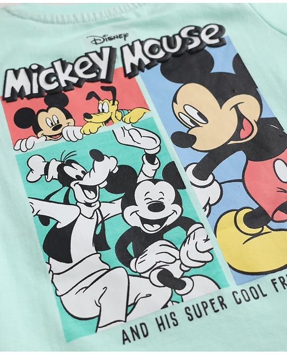 Babyhug Disney Cotton Knit Half Sleeves T-Shirt with Front & Back Mickey & Friends Print - Sea Green
