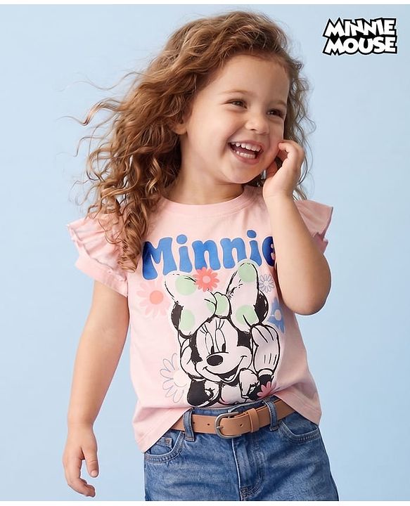Babyhug Disney Single Jersey Knit Half Sleeves T-Shirts with Minnie Mouse Graphics & Frill Detailing - Pink
