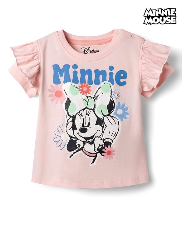 Babyhug Disney Single Jersey Knit Half Sleeves T-Shirts with Minnie Mouse Graphics & Frill Detailing - Pink
