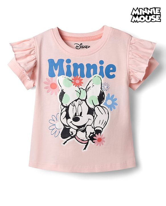 Babyhug Disney Single Jersey Knit Half Sleeves T-Shirts with Minnie Mouse Graphics & Frill Detailing - Pink