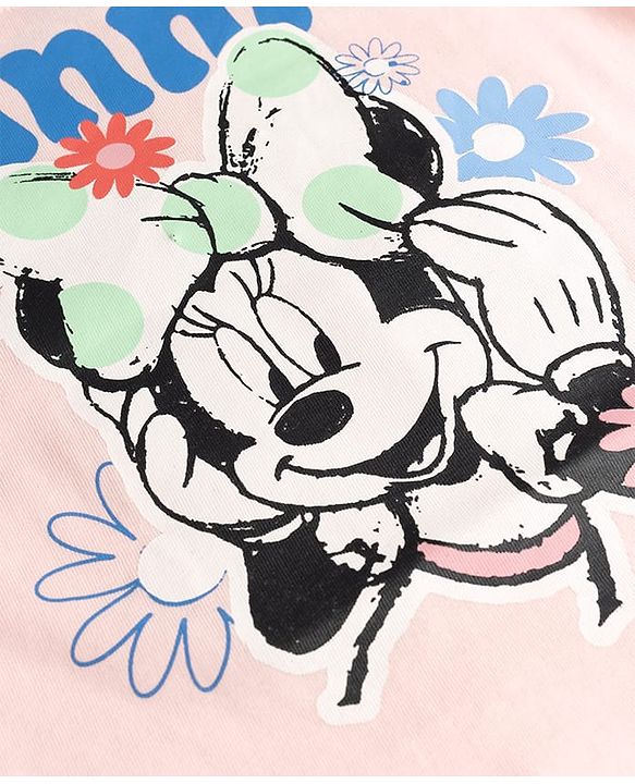 Babyhug Disney Single Jersey Knit Half Sleeves T-Shirts with Minnie Mouse Graphics & Frill Detailing - Pink