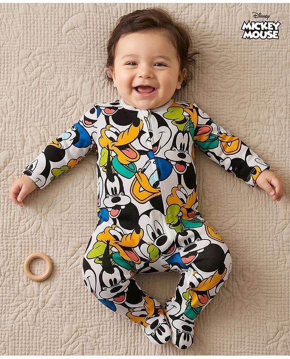 Babyhug Disney Interlock Knit Full Sleeves Footed Sleepsuit With Lion King Graphics - White