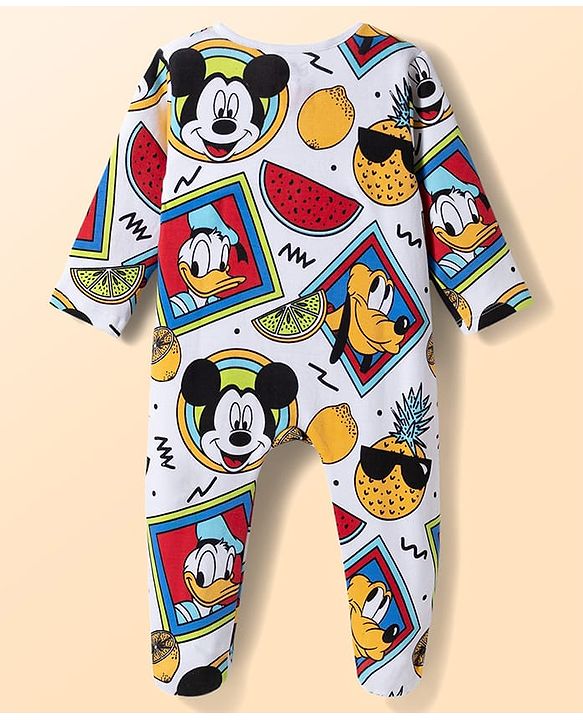 Babyhug Disney Interlock Knit Full Sleeves Footed Sleepsuit with Mickey & Friends Print - White