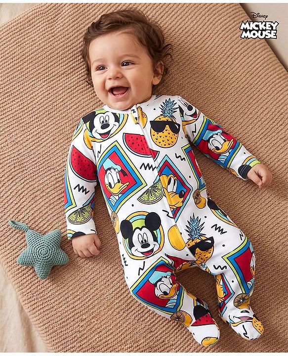 Babyhug Disney Interlock Knit Full Sleeves Footed Sleepsuit with Mickey & Friends Print - White