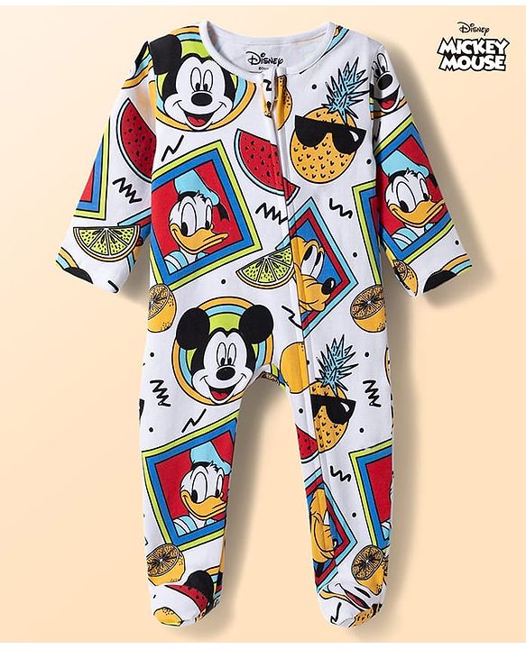 Babyhug Disney Interlock Knit Full Sleeves Footed Sleepsuit with Mickey & Friends Print - White