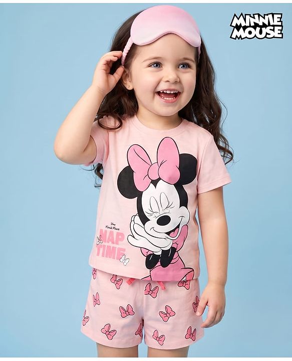 Babyhug Disney Single Jersey Knit Half Sleeves T-Shirt & Shorts Night Suit with Minnie Mouse Print - Pink