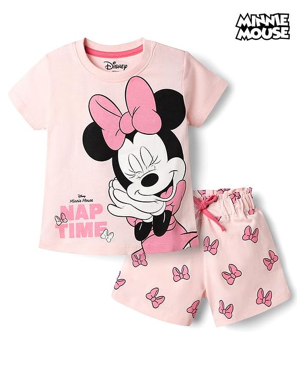 Babyhug Disney Single Jersey Knit Half Sleeves T-Shirt & Shorts Night Suit with Minnie Mouse Print - Pink