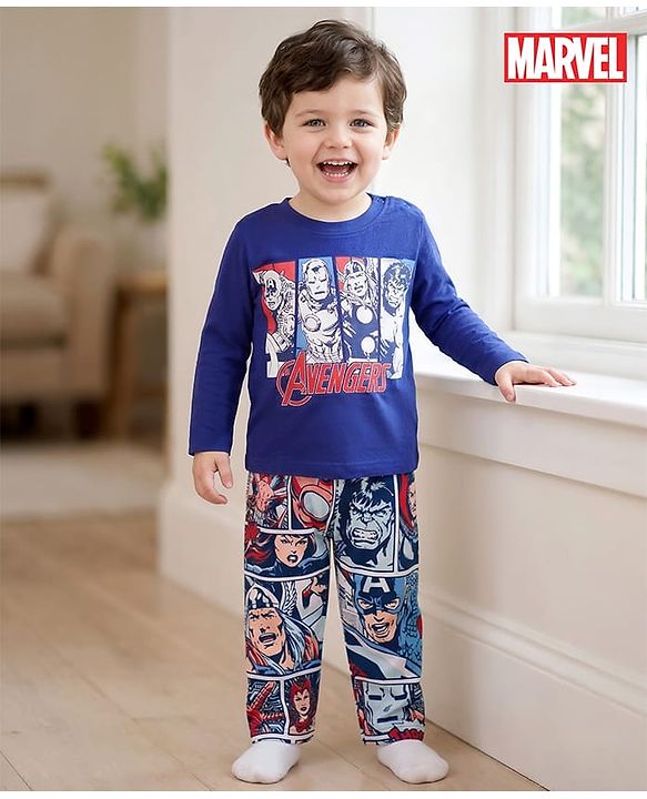 Babyhug Marvel Single Jersey Knit Full Sleeves T-Shirt & Pyjama Night-Suit With Avengers Graphics - Blue