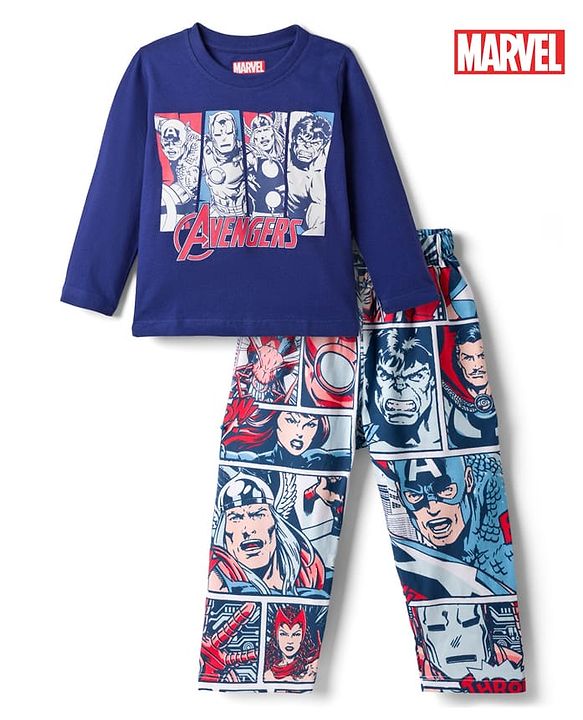 Babyhug Marvel Single Jersey Knit Full Sleeves T-Shirt & Pyjama Night-Suit With Avengers Graphics - Blue