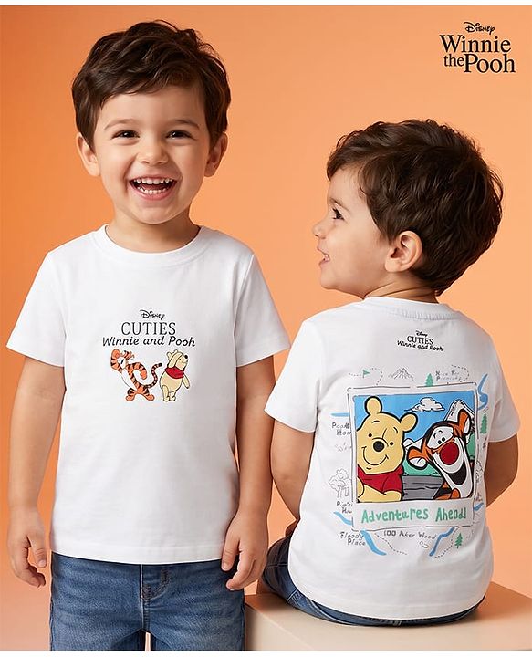 Babyhug Disney Single Jersey Knit Half T-Shirt With Front & Back Winnie The Pooh Graphic - White