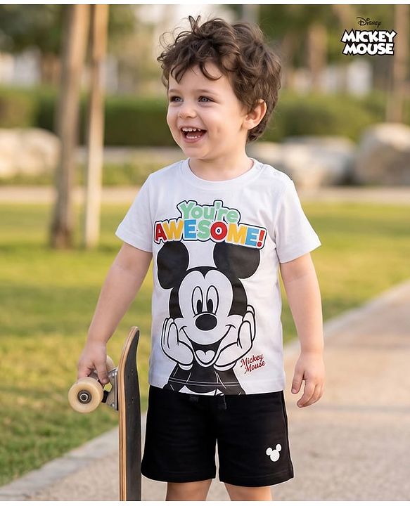 Babyhug Disney Single Jersey Knit Half Sleeves T-Shirt & Shorts Set With Mickey Mouse Graphics - Multicolor