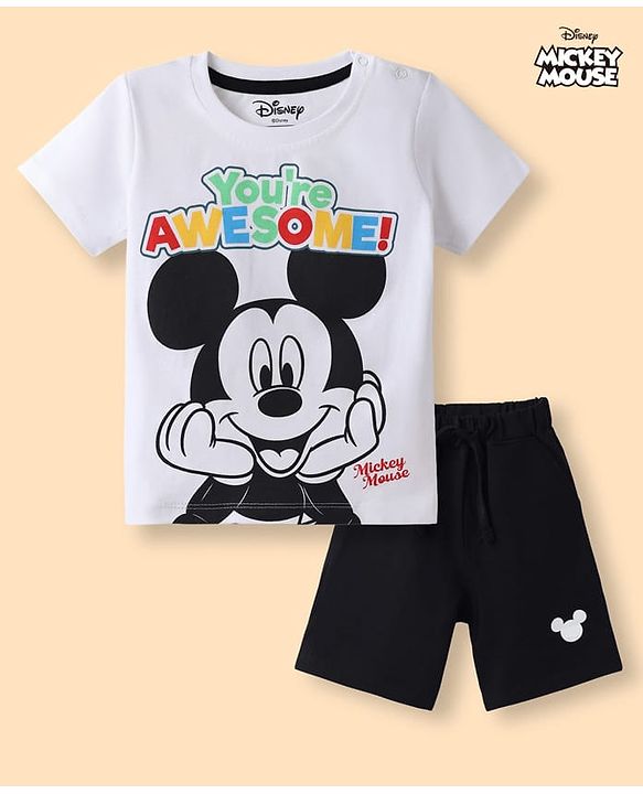 Babyhug Disney Single Jersey Knit Half Sleeves T-Shirt & Shorts Set With Mickey Mouse Graphics - Multicolor
