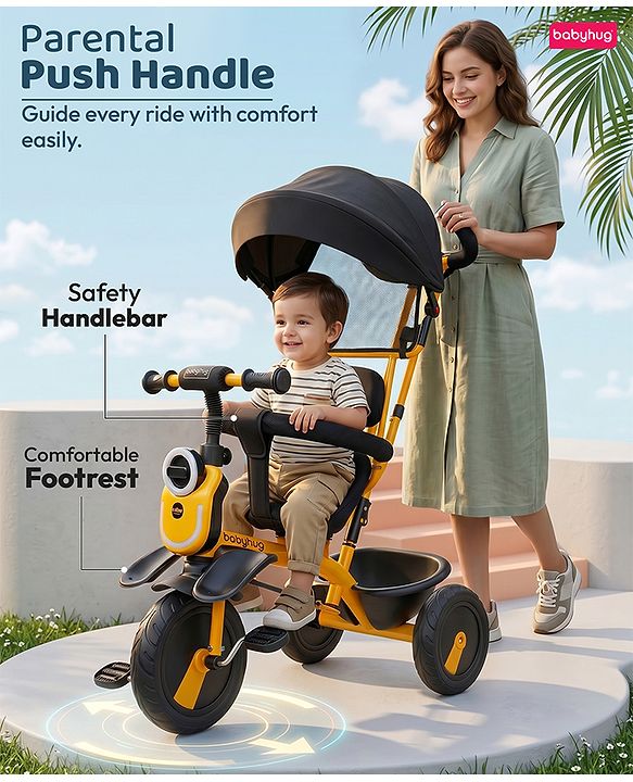 Babyhug AeroGlide 3-in-1 Tricycle with 360° Swivel Seat - Orange| Light & Music| Parent Push Handle| Adjustable Canopy| Puncture-Proof Rubber Wheels| Storage Baskets| Footrest- Yellow