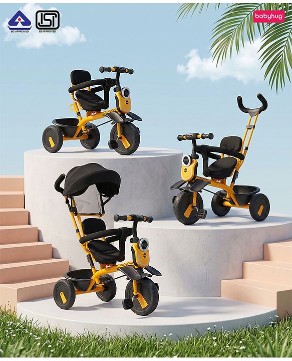 Babyhug AeroGlide 3-in-1 Tricycle with 360° Swivel Seat - Orange| Light & Music| Parent Push Handle| Adjustable Canopy| Puncture-Proof Rubber Wheels| Storage Baskets| Footrest- Yellow