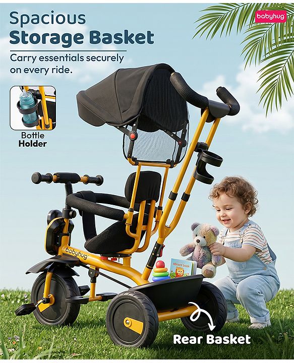 Babyhug AeroGlide 3-in-1 Tricycle with 360° Swivel Seat - Orange| Light & Music| Parent Push Handle| Adjustable Canopy| Puncture-Proof Rubber Wheels| Storage Baskets| Footrest- Yellow