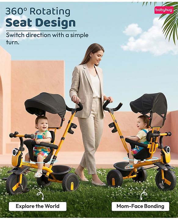 Babyhug AeroGlide 3-in-1 Tricycle with 360° Swivel Seat - Orange| Light & Music| Parent Push Handle| Adjustable Canopy| Puncture-Proof Rubber Wheels| Storage Baskets| Footrest- Yellow