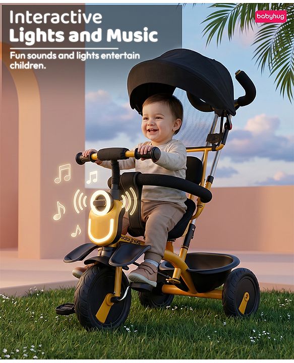 Babyhug AeroGlide 3-in-1 Tricycle with 360° Swivel Seat - Orange| Light & Music| Parent Push Handle| Adjustable Canopy| Puncture-Proof Rubber Wheels| Storage Baskets| Footrest- Yellow
