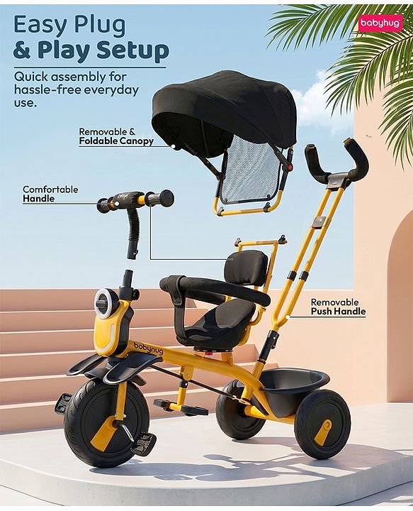 Babyhug AeroGlide 3-in-1 Tricycle with 360° Swivel Seat - Orange| Light & Music| Parent Push Handle| Adjustable Canopy| Puncture-Proof Rubber Wheels| Storage Baskets| Footrest- Yellow
