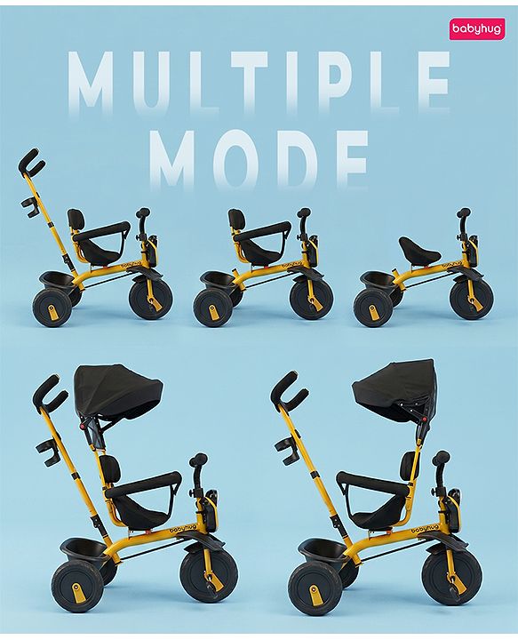 Babyhug AeroGlide 3-in-1 Tricycle with 360° Swivel Seat - Orange| Light & Music| Parent Push Handle| Adjustable Canopy| Puncture-Proof Rubber Wheels| Storage Baskets| Footrest- Yellow